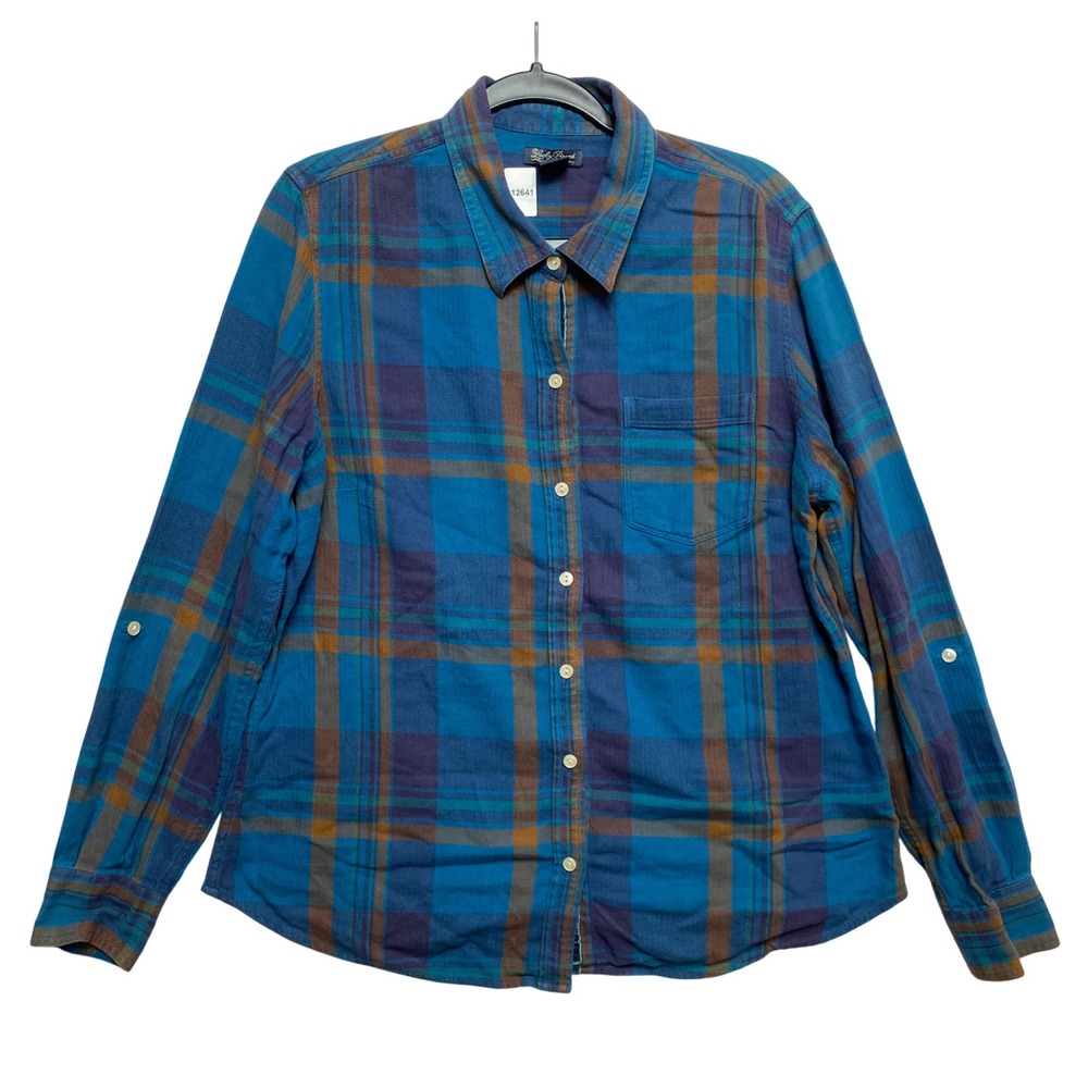 Lucky Brand Shirt Womens XL Blue Roll-Tab Herringbone Cotton Plaid Button-Down